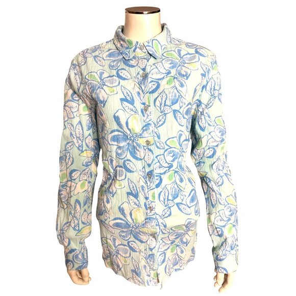 Appleseeds Size Large Blue Green Floral Button Shirt Coastal Garden Style Casual - Picture 2 of 10